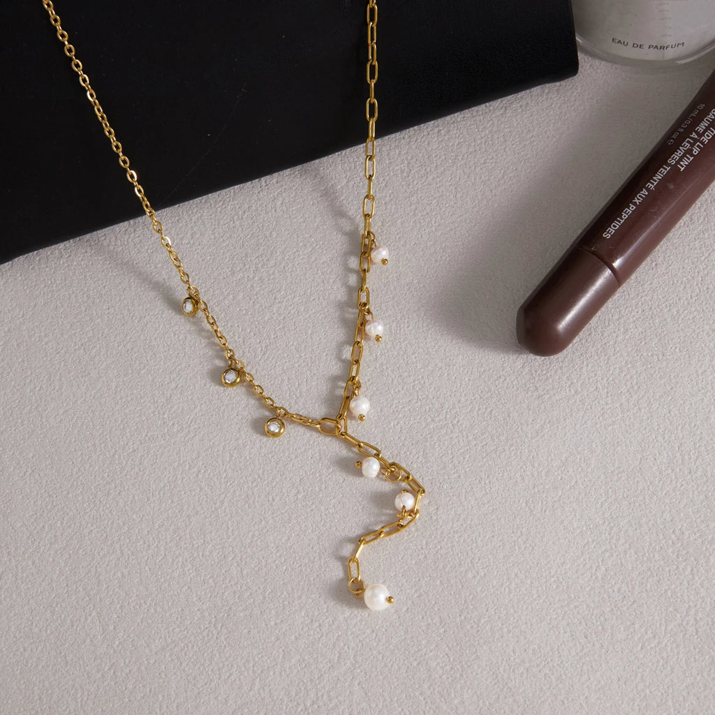 Kika Freshwater Pearl Zircon Pendant Y Shape Chain Necklace 18K Gold PVD Plated Stainless Steel 316L