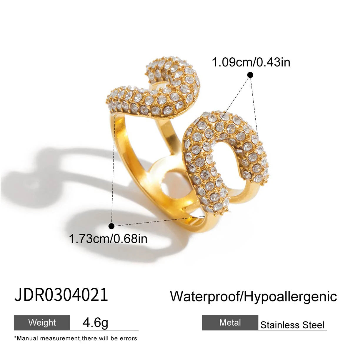 Kika Minimalist 18K Gold Color Plated Stainless Steel White Rhinestone Paper Clip Ring