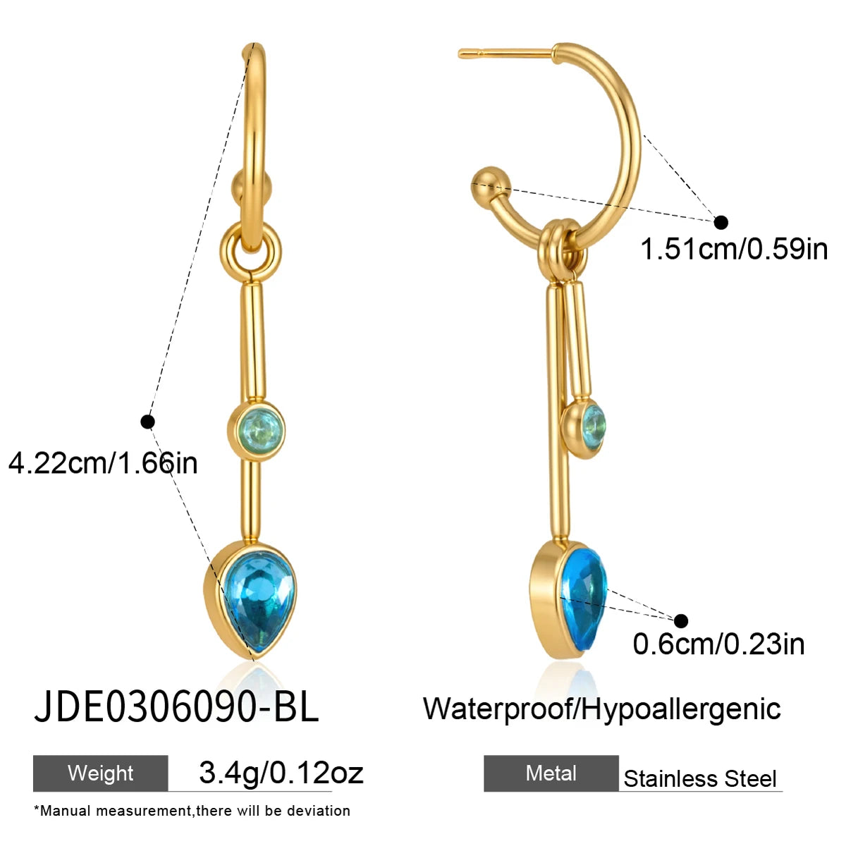 KIKA Geometric Zircon Long Drop Earrings PVD 18K Gold Plated Stainless Steel 316L