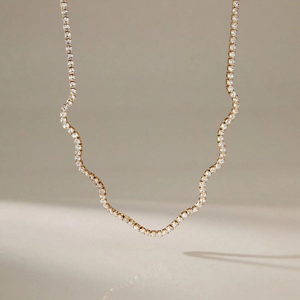 KIKA Classic Crystal Tennis Chain Wave Shape Necklace For Women 18K Gold PVD Plated Stainless Steel Necklace Fashion Jewelry