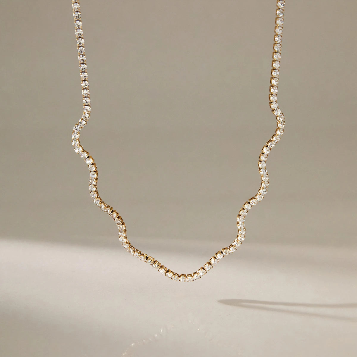KIKA Classic Crystal Tennis Chain Wave Shape Necklace For Women 18K Gold PVD Plated Stainless Steel Necklace Fashion Jewelry