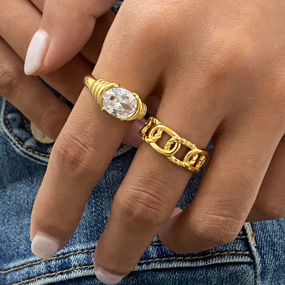 KIKA Exquisite Zircon Hollow Ring Texture Gold Color Stacked Ring PVD Plated Stainless Steel