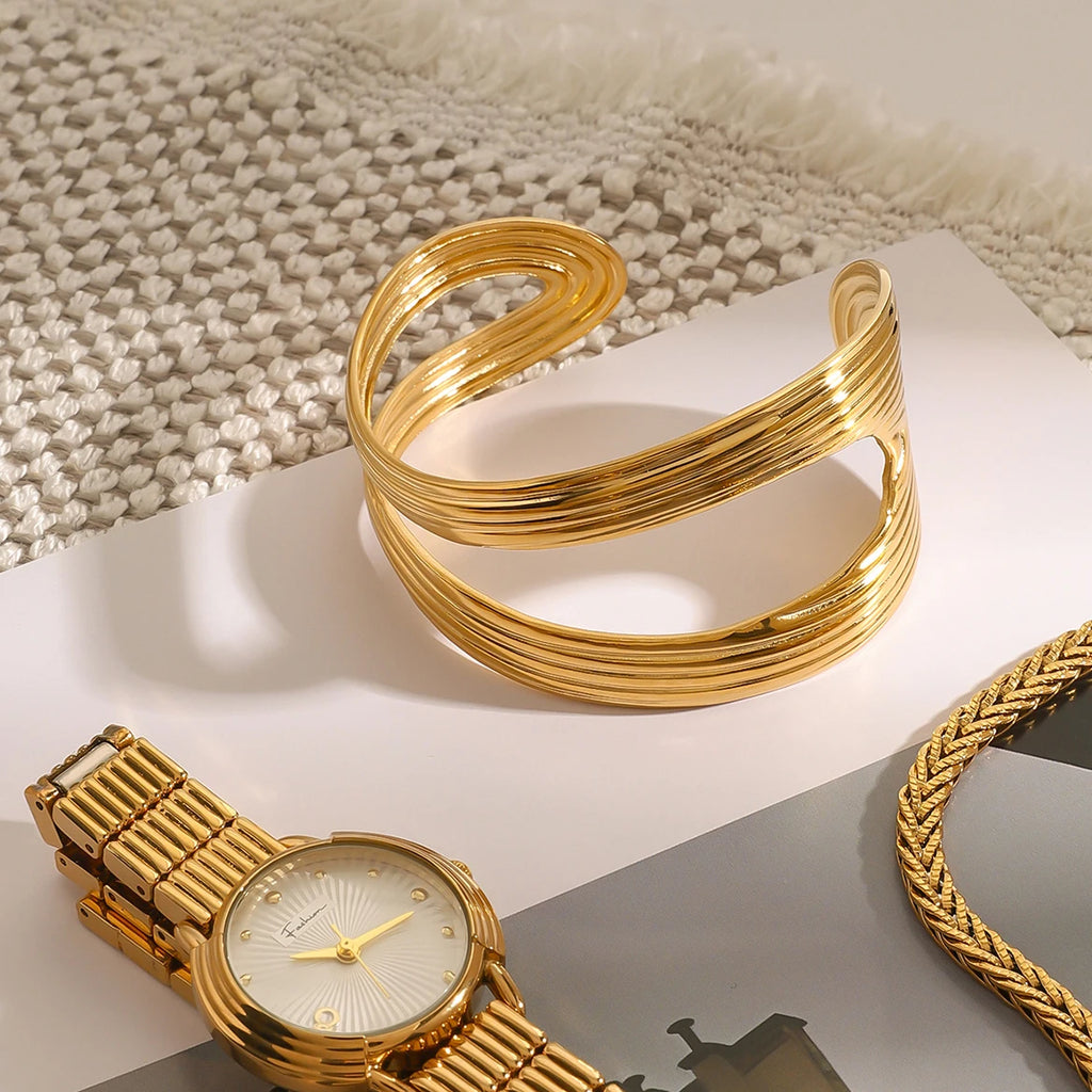 Ribbed Double Layered Hollow Bracelet Adjustable Bangle