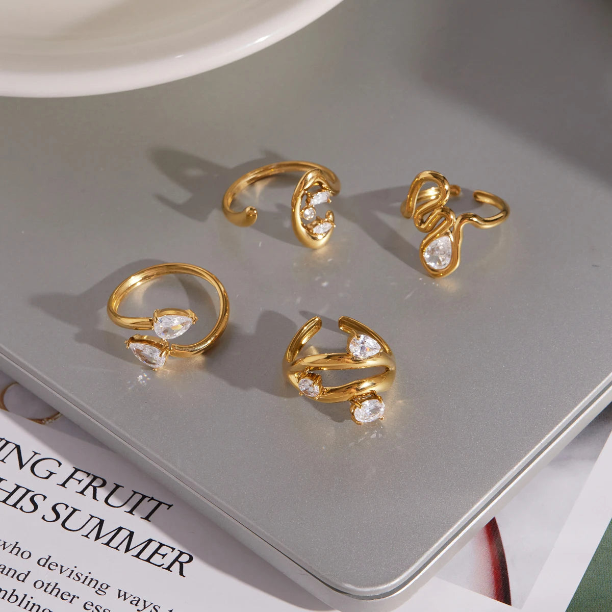 KIKA Delicate Zircon Geometric Open Rings 18K Gold PVD Plated Stainless Steel 316L