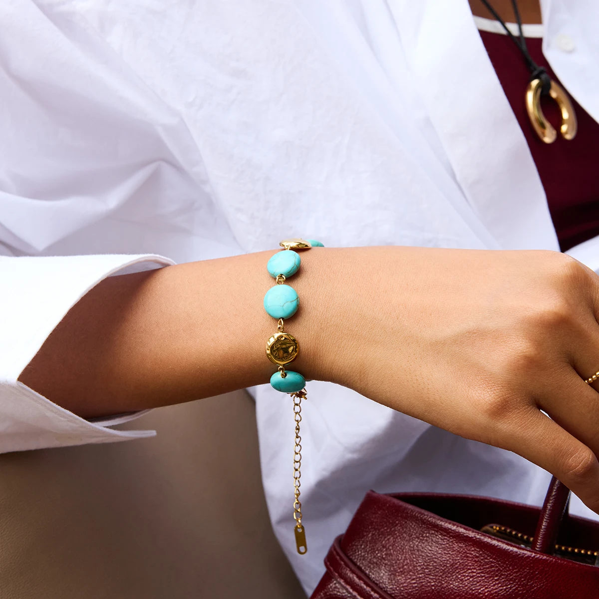 KIKA Vintage 18K Gold Color Plated Stainless Steel Turquoise Coin Round Bracelet  Stackable Pearl Bracelet