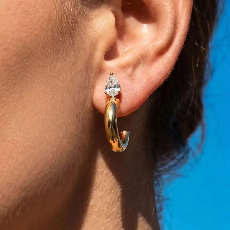 KIKA Water Drop Zircon C Shape Stud EarringsGold PVD Plated Stainless Steel316L