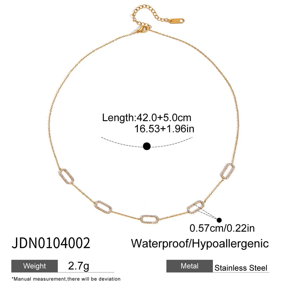 Kika Minimalist Classic 18K Gold Color Plated Inlay White Zircon Paperclip Necklace