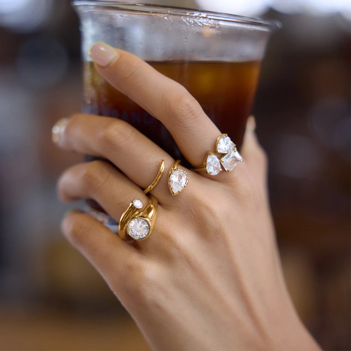 KIKA Water Drop Zircon Open Rings 18K Gold PVD Plated Stainless Steel 316L