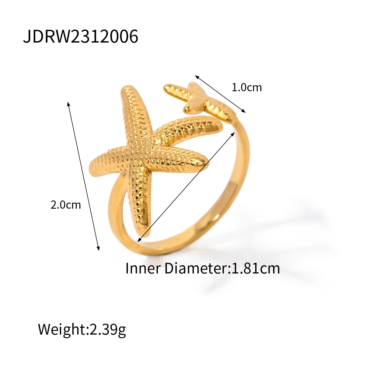 KIKA  Vacation Ocean Wind 18K Gold Color Plated Stainless Steel 316L Hollow Shell Ring Starfish Coral Stackable Ring