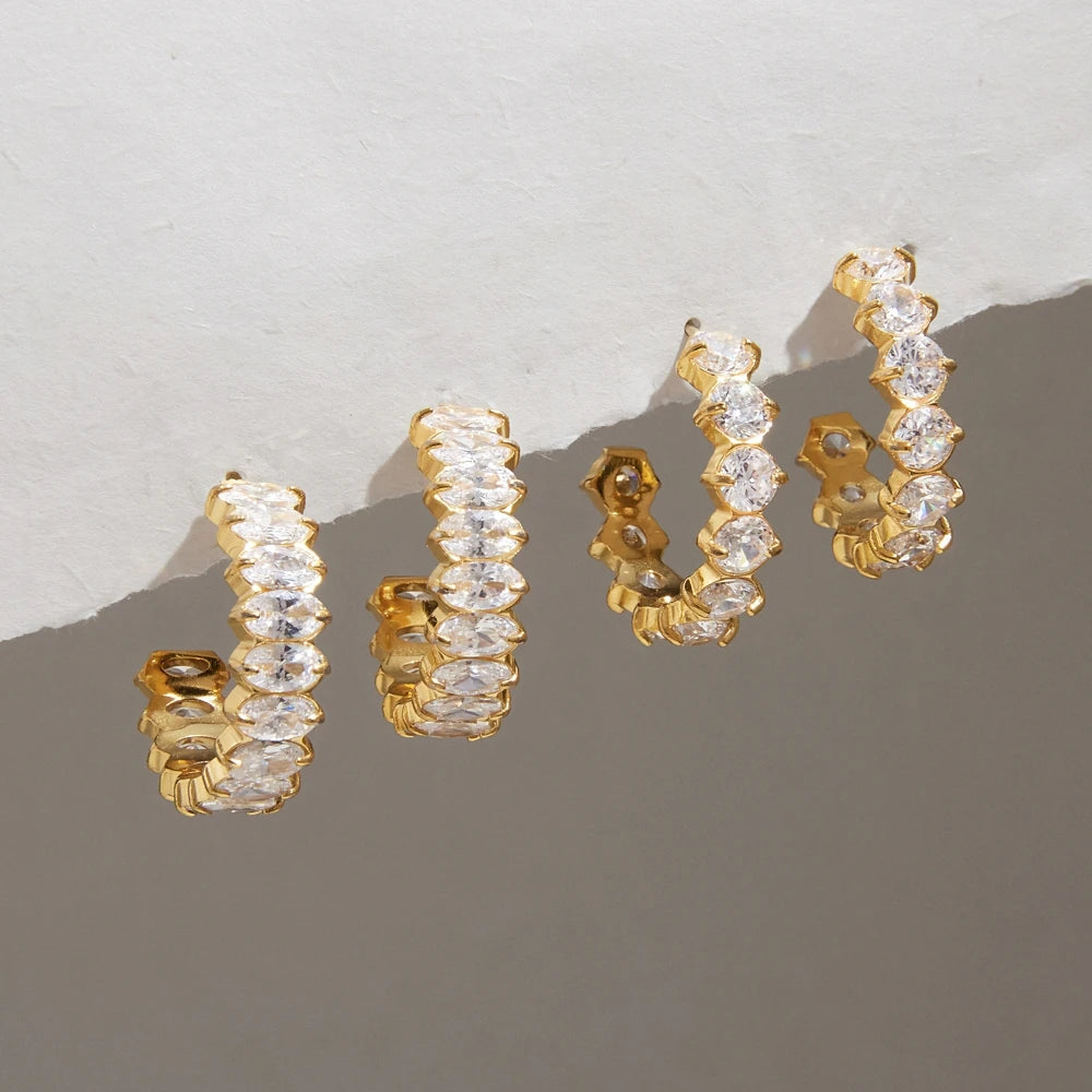 Kika Iced Out Geometric Zircon C Shape Stud Earrings 18K Gold Plated Stainless Steel 316L