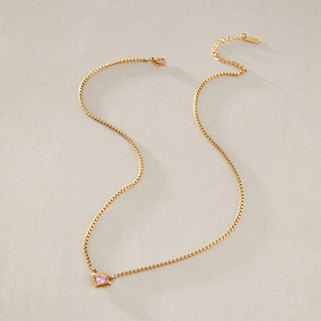 KIKA Geometric Pink Zircon Pendant Necklace For Women Minimalist 18K Gold PVD Plated Stainless Steel Necklace Fashion Jewelry