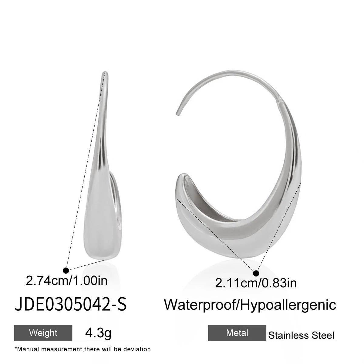 KIKA Minimalist Classic 18K Gold Color PVD  Plated Stainless Steel 316L C-Shaped Earrings Hypoallergenic Waterproof