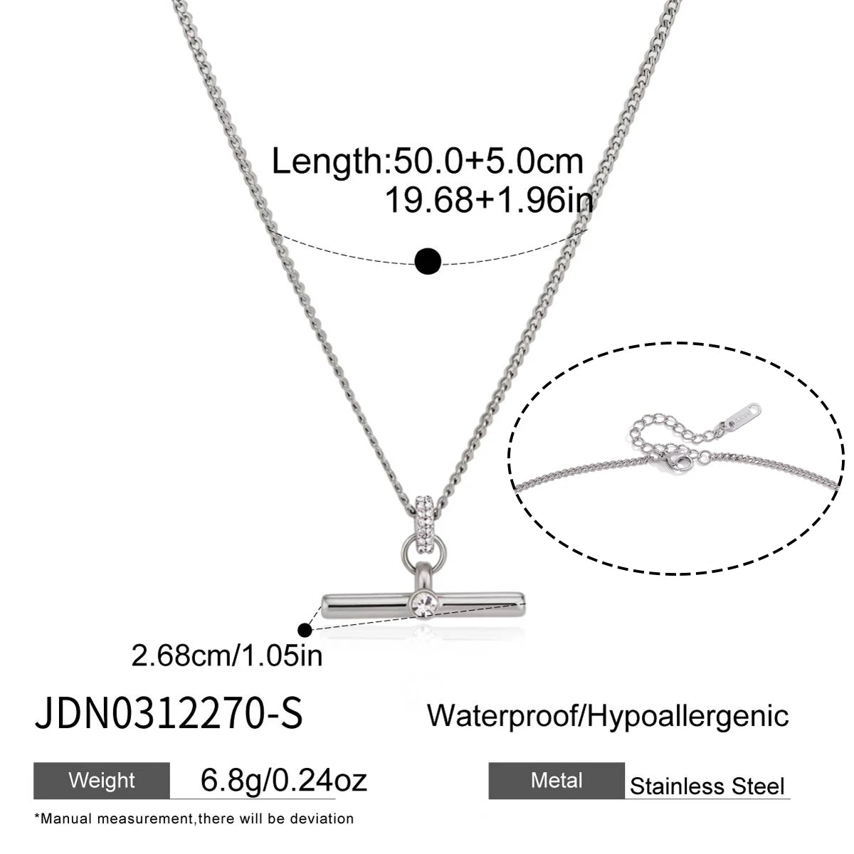 KIKA Classic Crystal T Bar Pendant Necklace 18K Gold PVD Plated Stainless Steel 316L