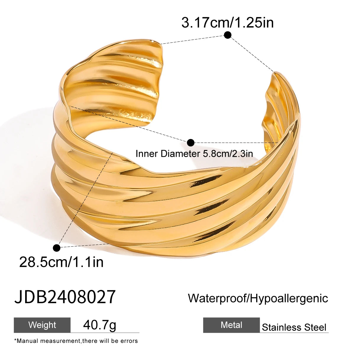KIKA Unique Stainless Steel 316L Metal Wide Cuff Open Bracelet Bangle  PVD Plated Waterproof