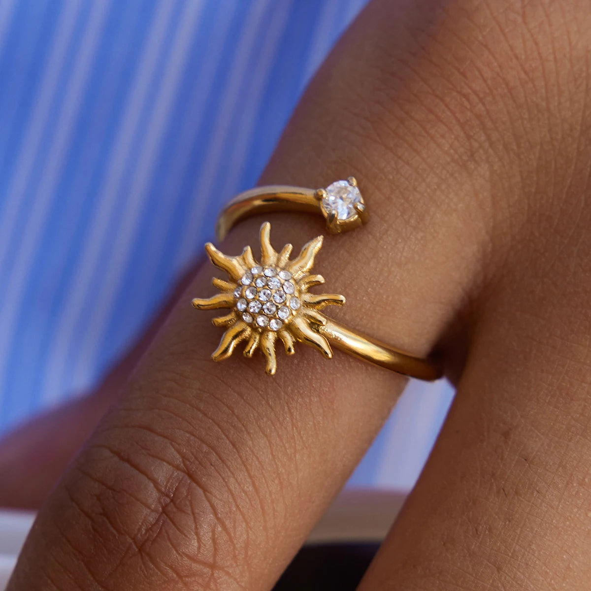 KIKA Personalized Design 18K Gold Color Plated Inlay Zircon Sun Shape Asymmetry Open Ring Waterproof Stainless Steel Jewelry