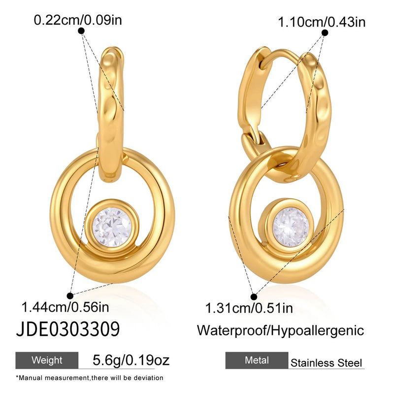 Kika Classic Round Zircon Drop Earrings Gold PVD Plated Stainless Steel 316L