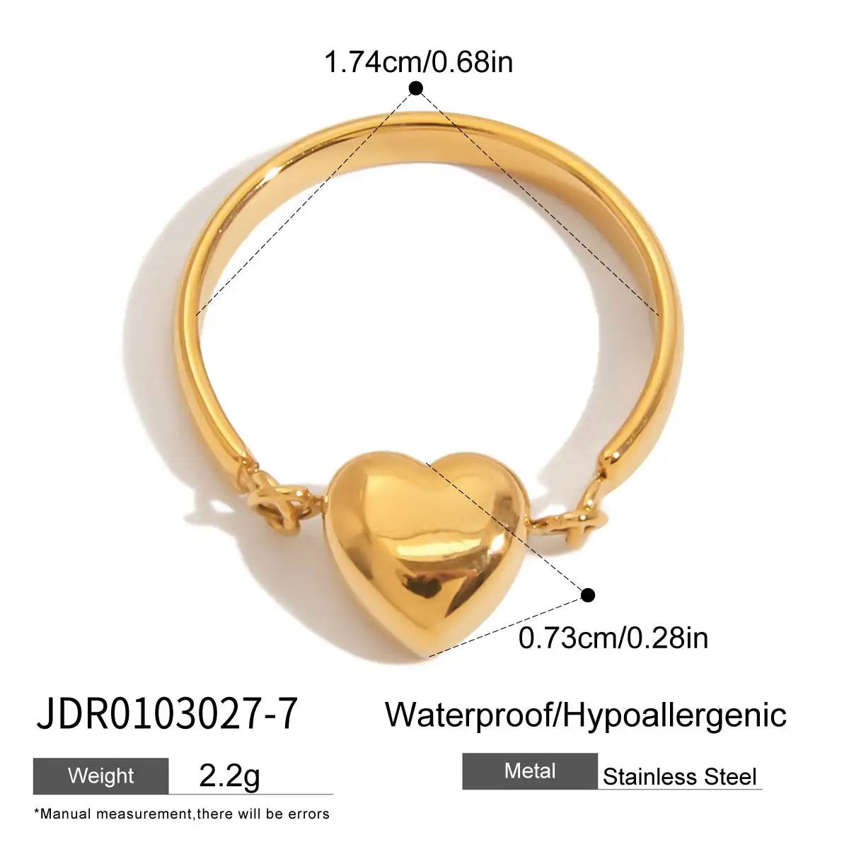 KIKA  Vintage Classic 18K Gold Color PVD Plated Black Drip Oil White Rhinestone Heart Open Rings Waterproof Stainless Steel 316L