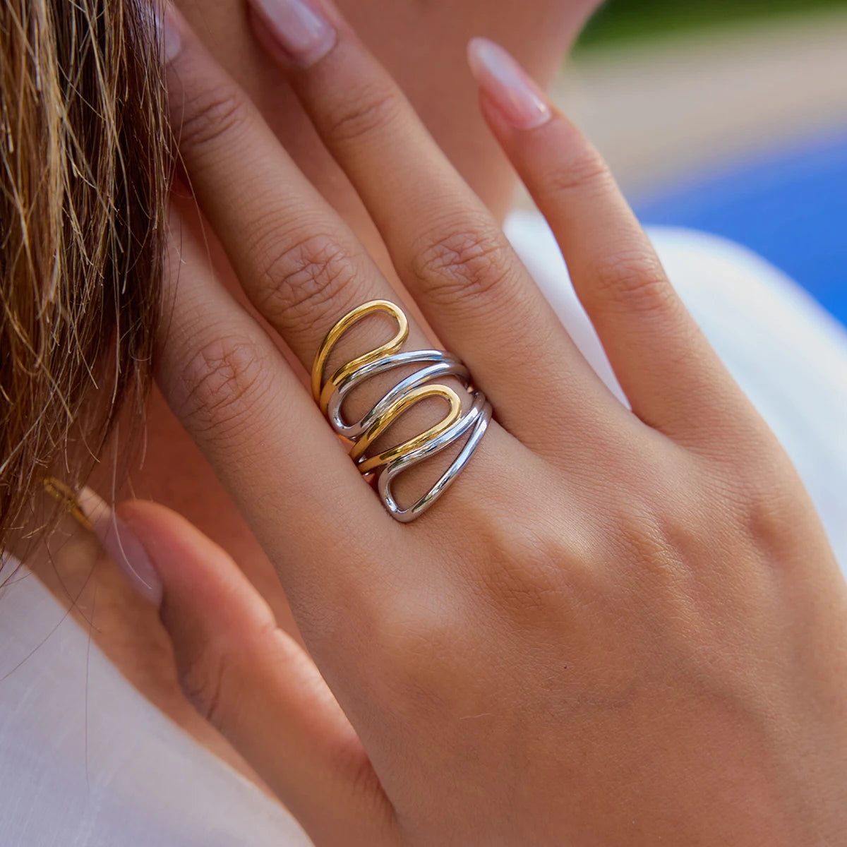 KIKA Minimalist Two tone Multi layer Hollow Line Ring Stainless Steel 316L