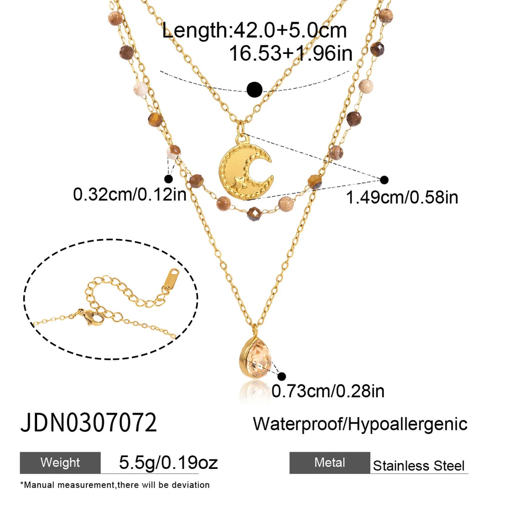 KIKA Natural Stone Beads Moon Water Drop Pendant Necklace For Women 18K Gold Plated Stainless Steel 316L