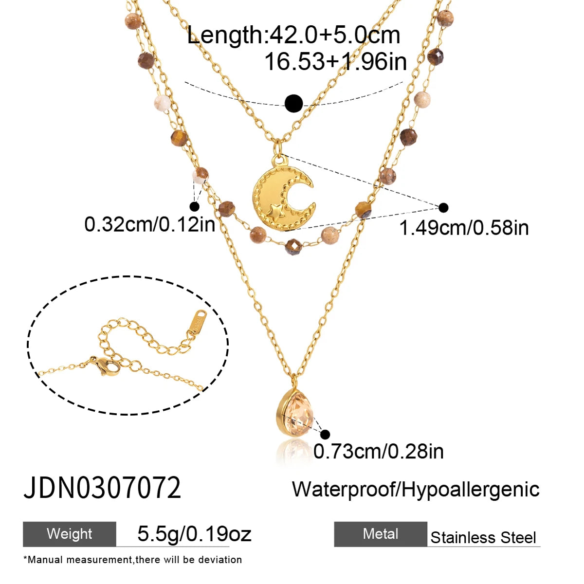 KIKA Natural Stone Beads Moon Water Drop Pendant Necklace For Women 18K Gold Plated Stainless Steel 316L