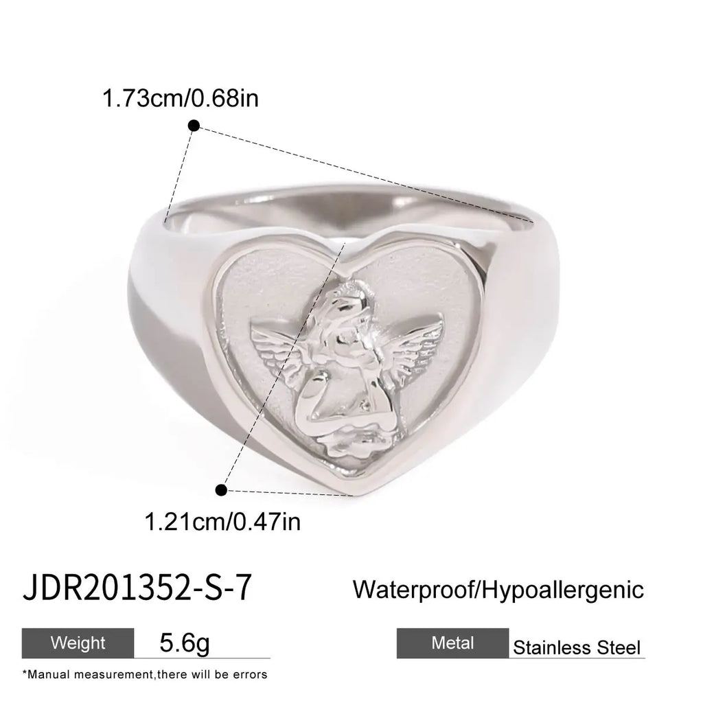 KIKA Minimalist Heart Angel Ring Stainless Steel 316L Waterproof Stackable Love Ring