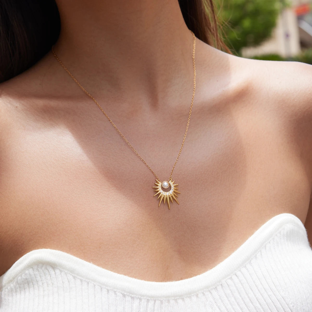 Kika Zircon Acrylic Pearl Sun Pendant Necklace Minimalist 18K Gold Plated Stainless Steel 316L