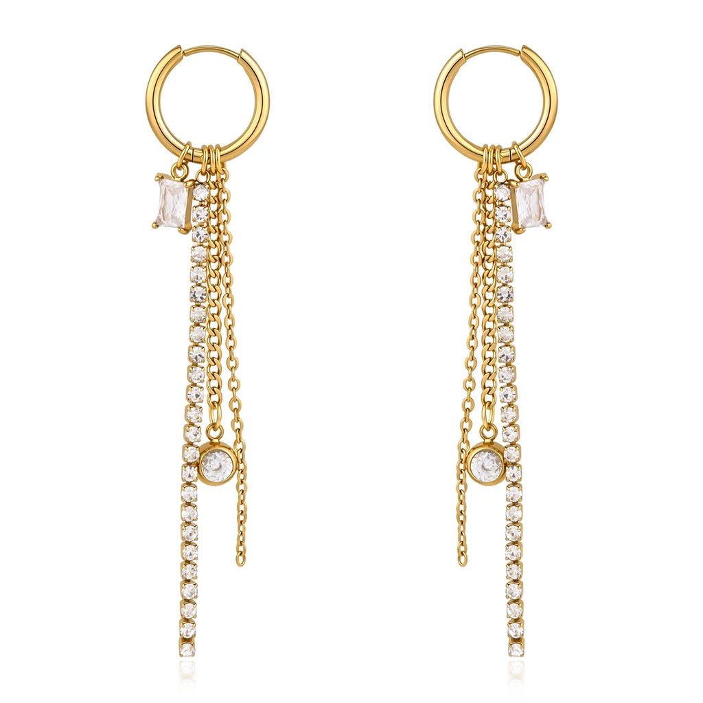 Kika Delicate White Rhinestone Chain Square Zircon Tassel Earrings m