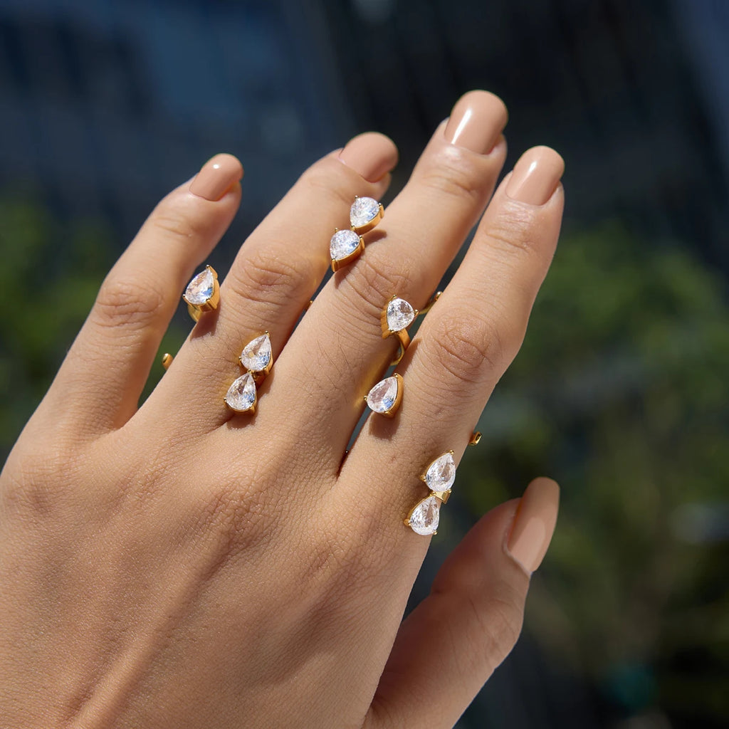 Kika Classic Water Drop Zircon Open Rings Minimalist 18K Gold PVD Plated Stainless Steel 316L