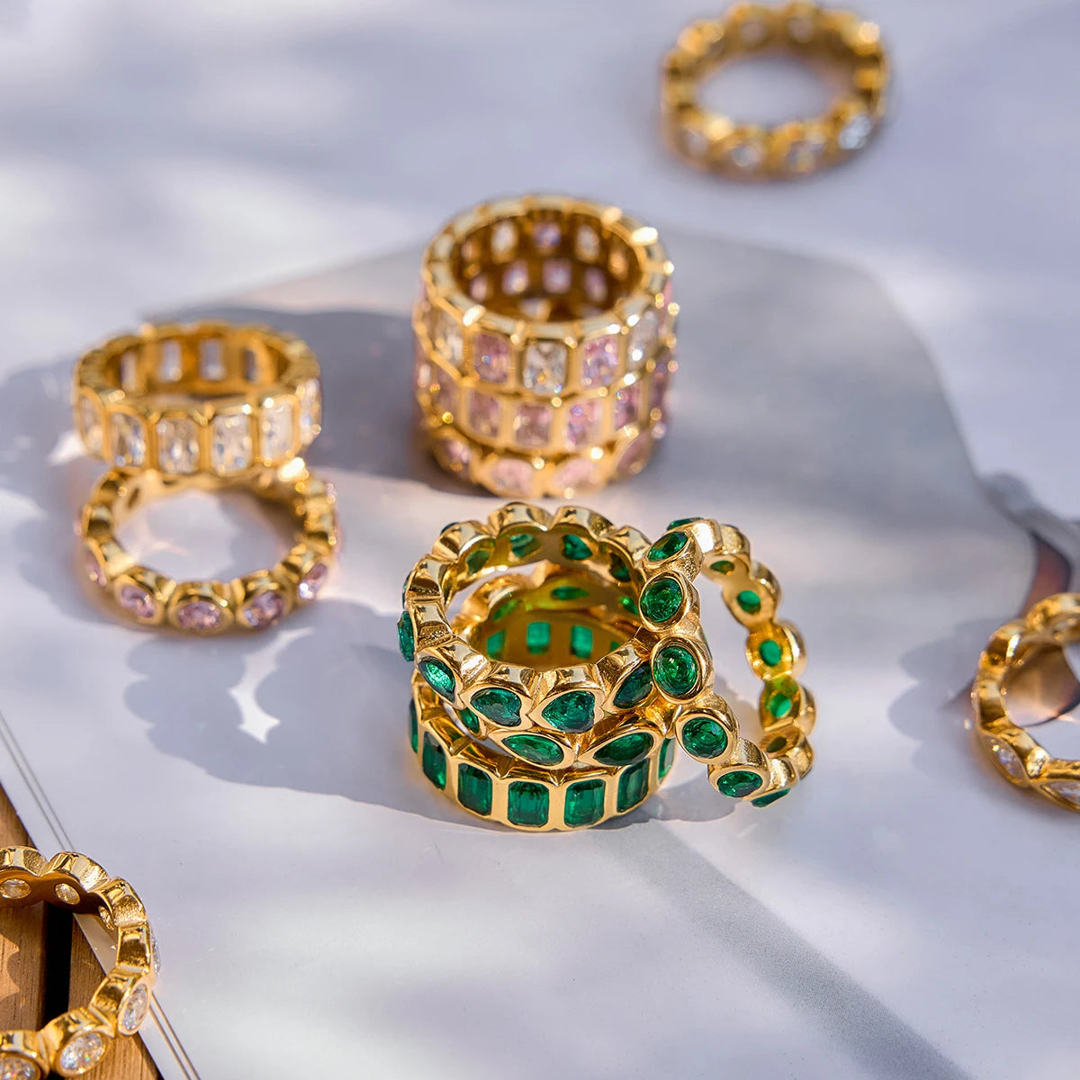 Kika Sparkling Pink Green Zircon Stacked Ring