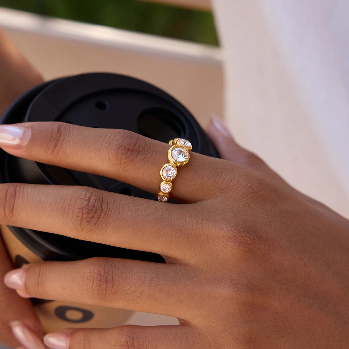 Simple Classic Round White Zircon Wave Ring 18K PVD Stainless Steel