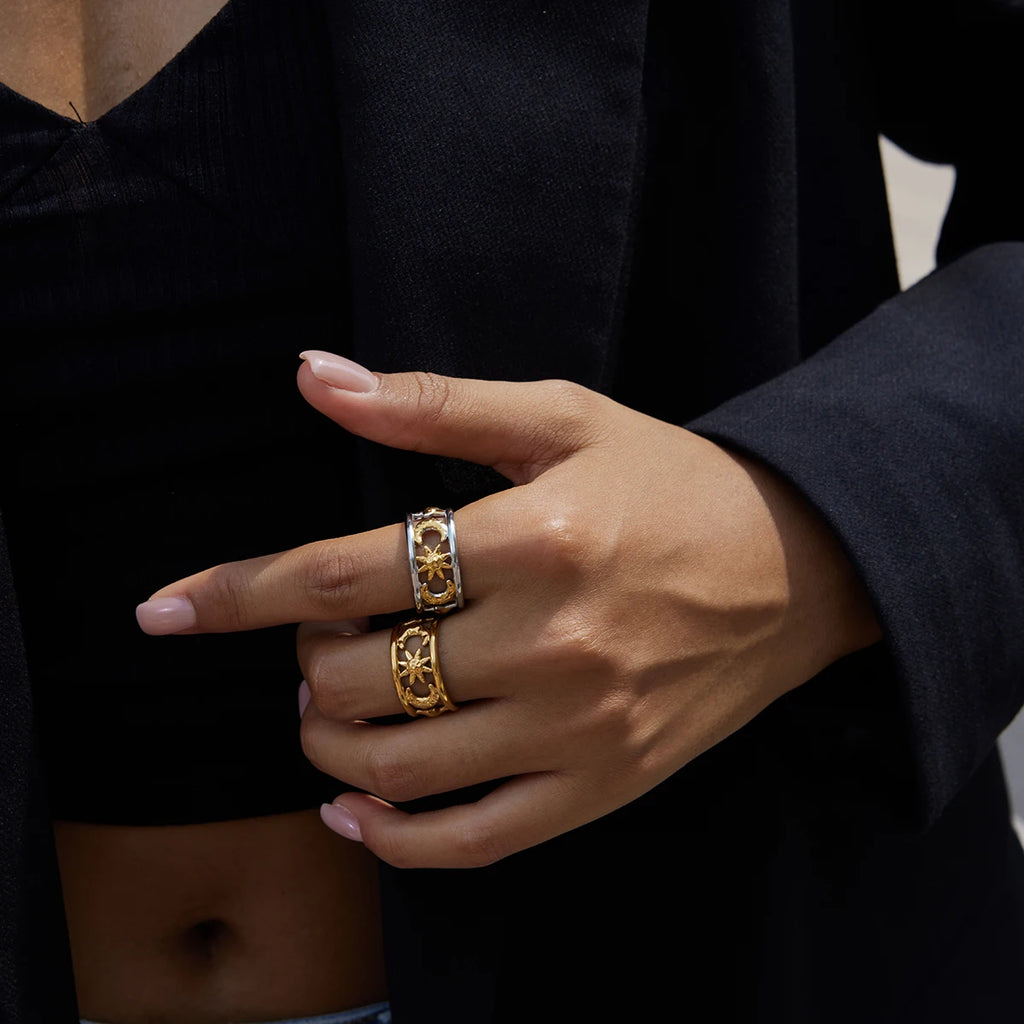 Star Moon Double Layer Open Rings Design