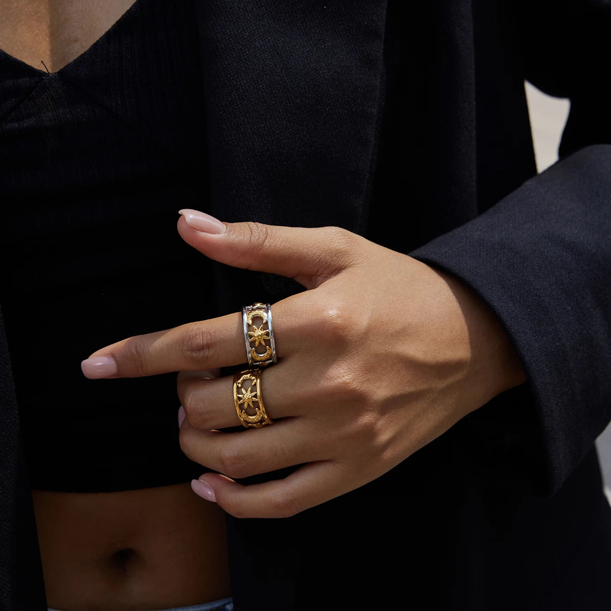 Star Moon Double Layer Open Rings Design