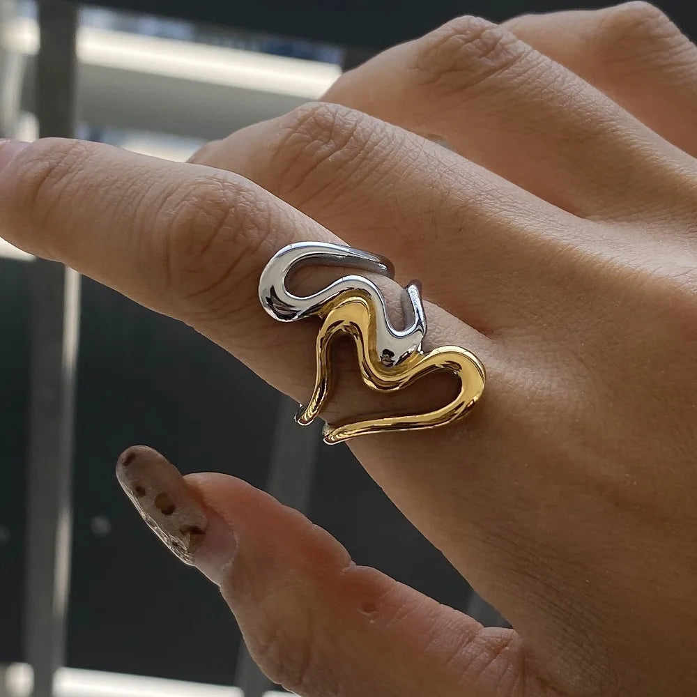 Kika Minimalist Stainless Steel Line Ring Two tone Irregular
