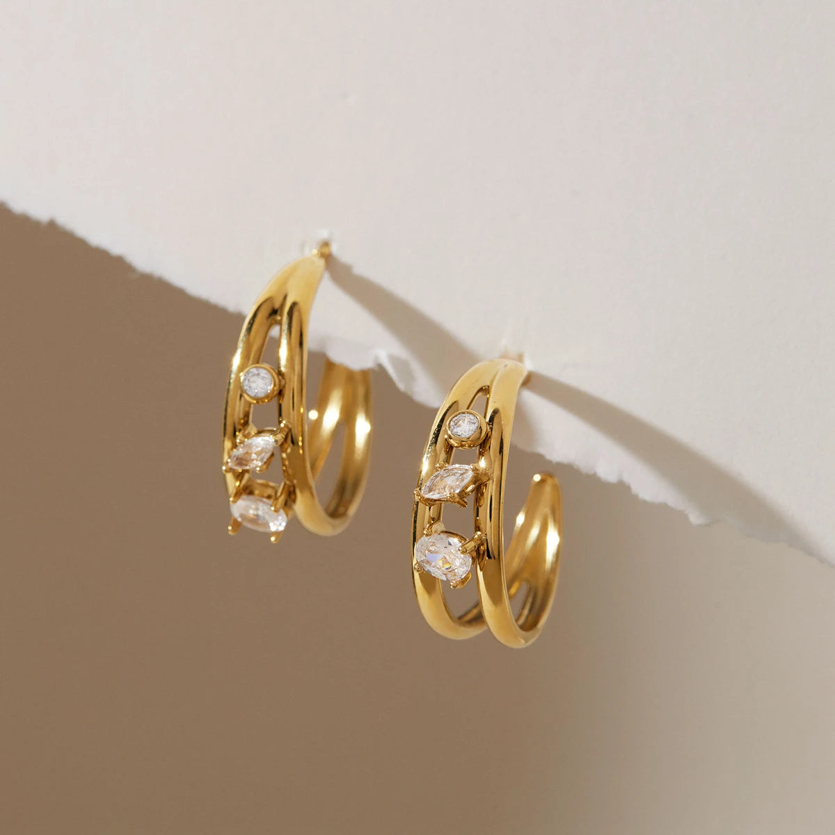 KIKA Geometric Zircon C Shape Stud Earrings PVD Plated Stainless Steel 316L