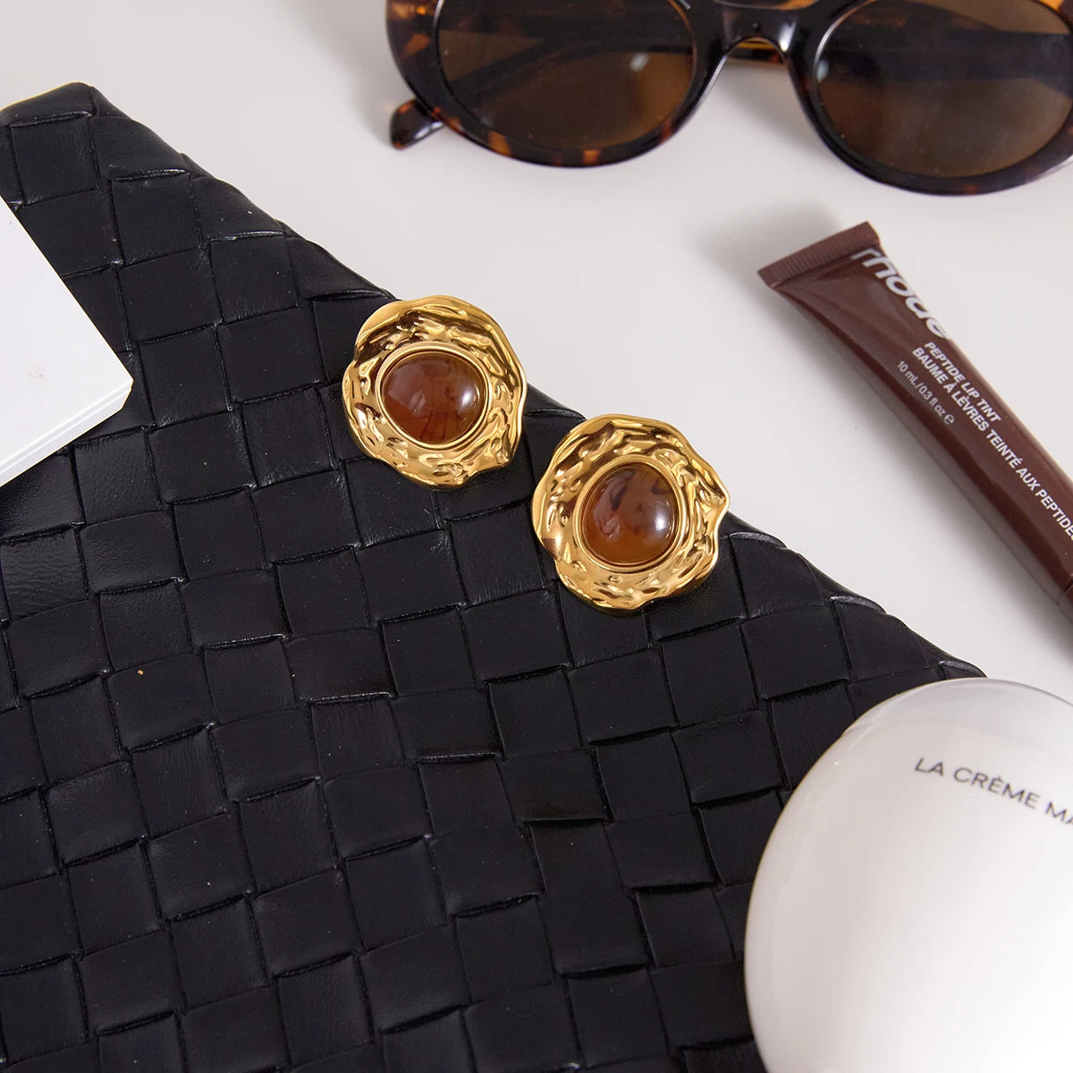 Kika Vintage Hammer Pattern Folded Round Amber Ear Studs 18K Gold Color Plated Stainless Steel