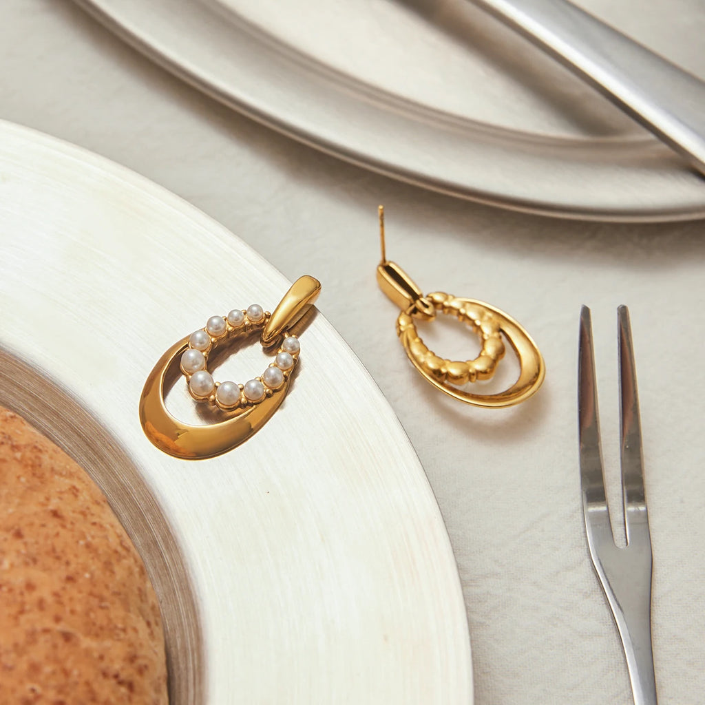 KIKA Fashion Pearl Hollow Door Handle Earrings 18K Gold Color PVD Plated Stainless Steel 316L Oval