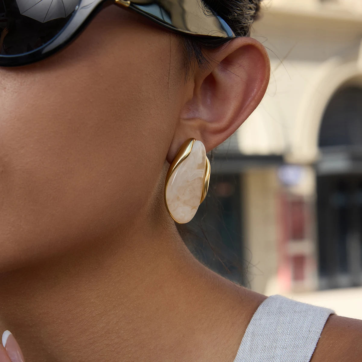 Kika Retro 18K Gold Color Plated Stainless Steel Irregular Resin Ear Studs