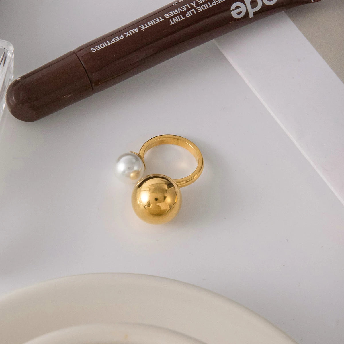 KIKA  Minimalist Classic 18K Gold Color PVD Plated Glass Pearl Asymmetric Spherical Ring Stainless Steel 316L Waterproof
