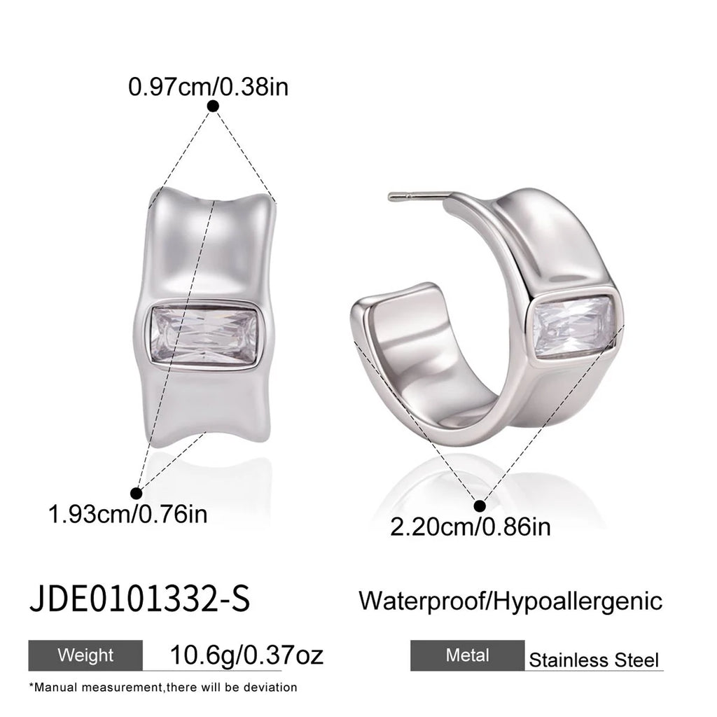 Kika Rectangle Zircon C Shape Stud Earrings 18K Gold PVD Plated Stainless Steel 316L