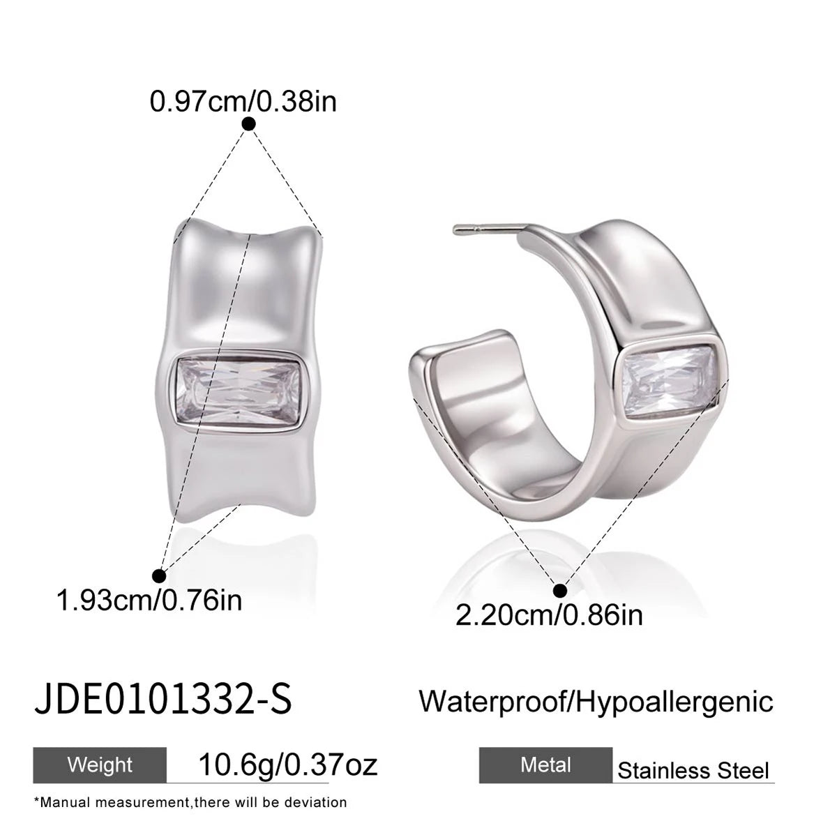 Kika Rectangle Zircon C Shape Stud Earrings 18K Gold PVD Plated Stainless Steel 316L