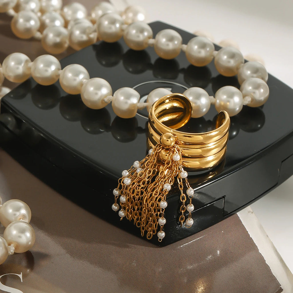 KIKA Classic Stainless Steel Tassel Ring With Three-layer Steel Ball Chain Tassel Opening Ring Stackable For Women's Accessori