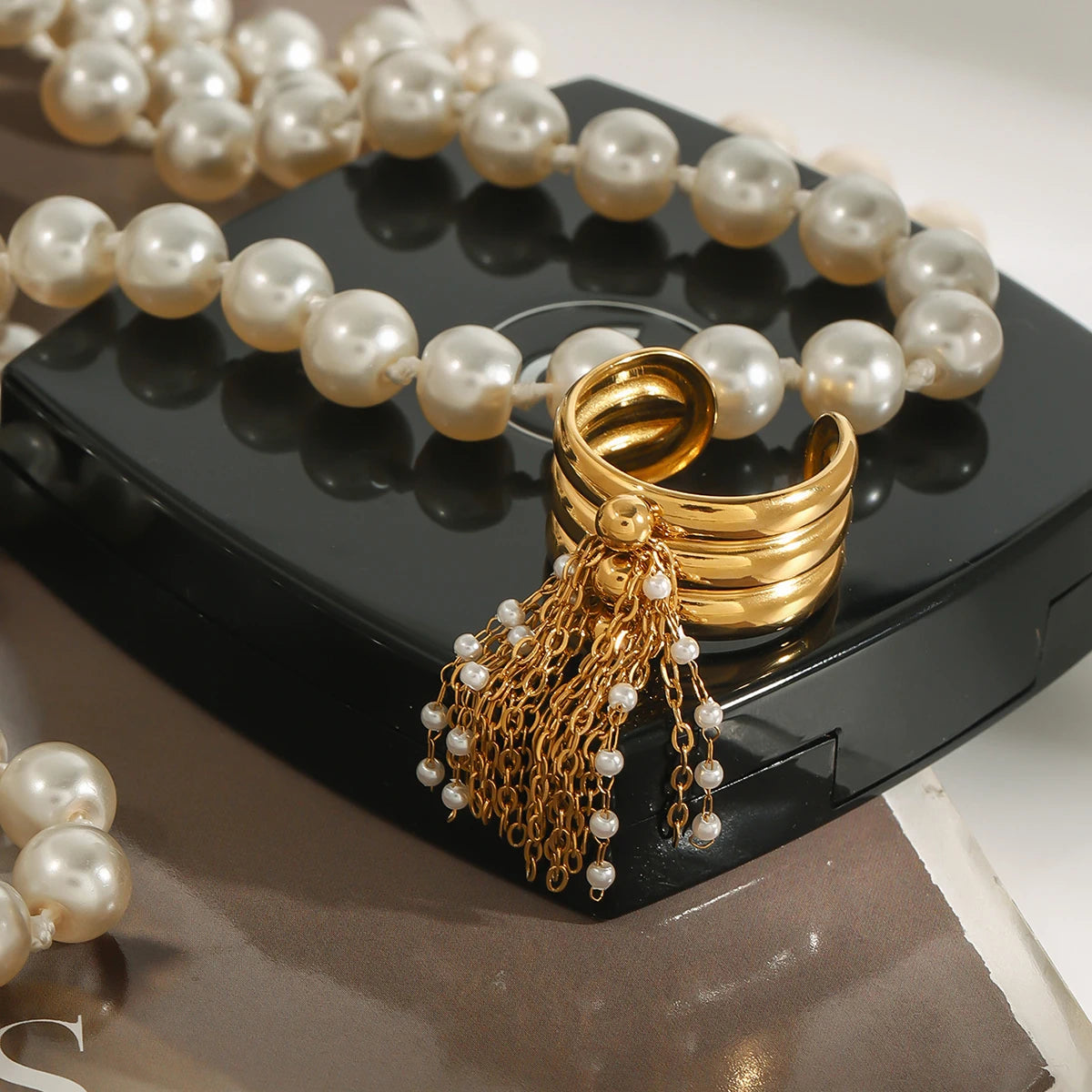 KIKA Classic Stainless Steel Tassel Ring With Three-layer Steel Ball Chain Tassel Opening Ring Stackable For Women's Accessori