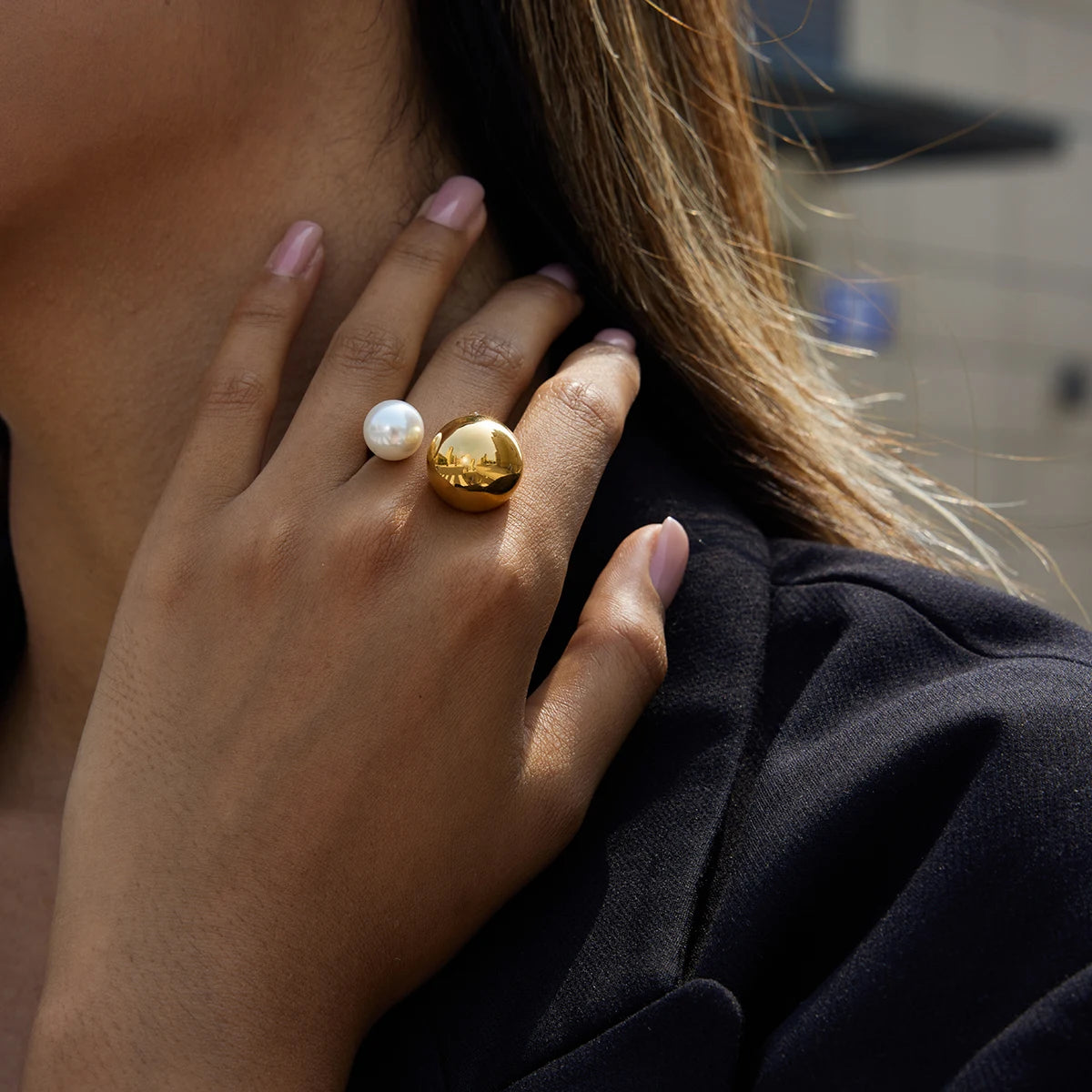 KIKA  Minimalist Classic 18K Gold Color PVD Plated Glass Pearl Asymmetric Spherical Ring Stainless Steel 316L Waterproof
