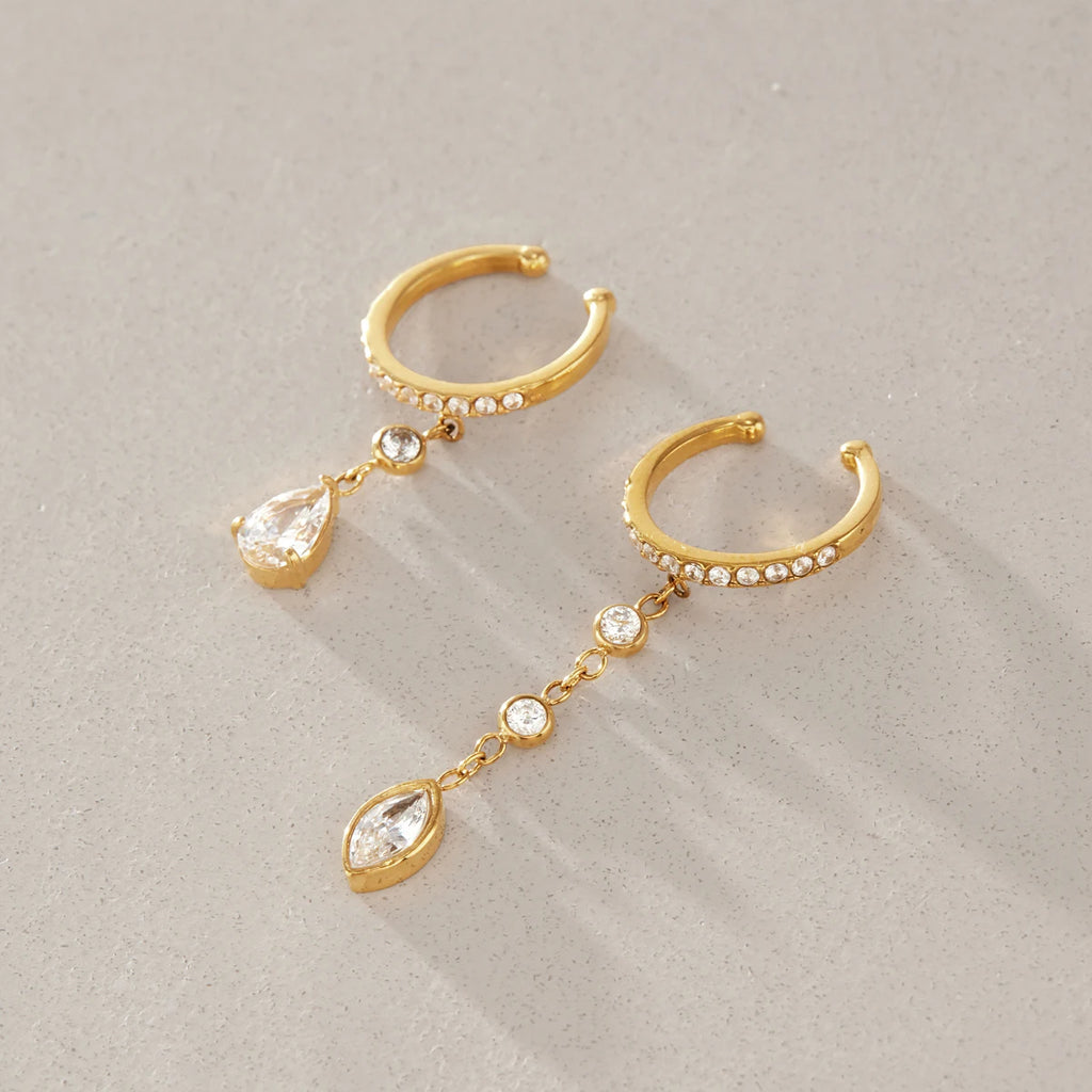 Kika Asymmetric Zircon Pendant Non-piercing Ear Clips 18K Gold PVD Plated Stainless Steel 316L