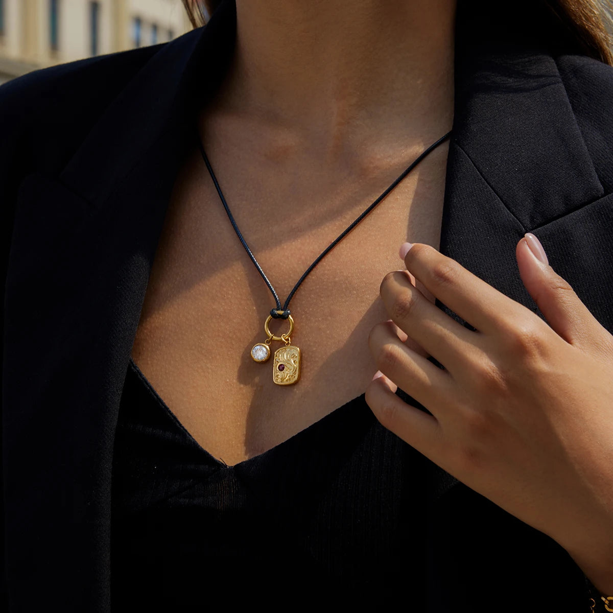 Kika Inlay Zircon Square Antique Coin Pendant Necklace