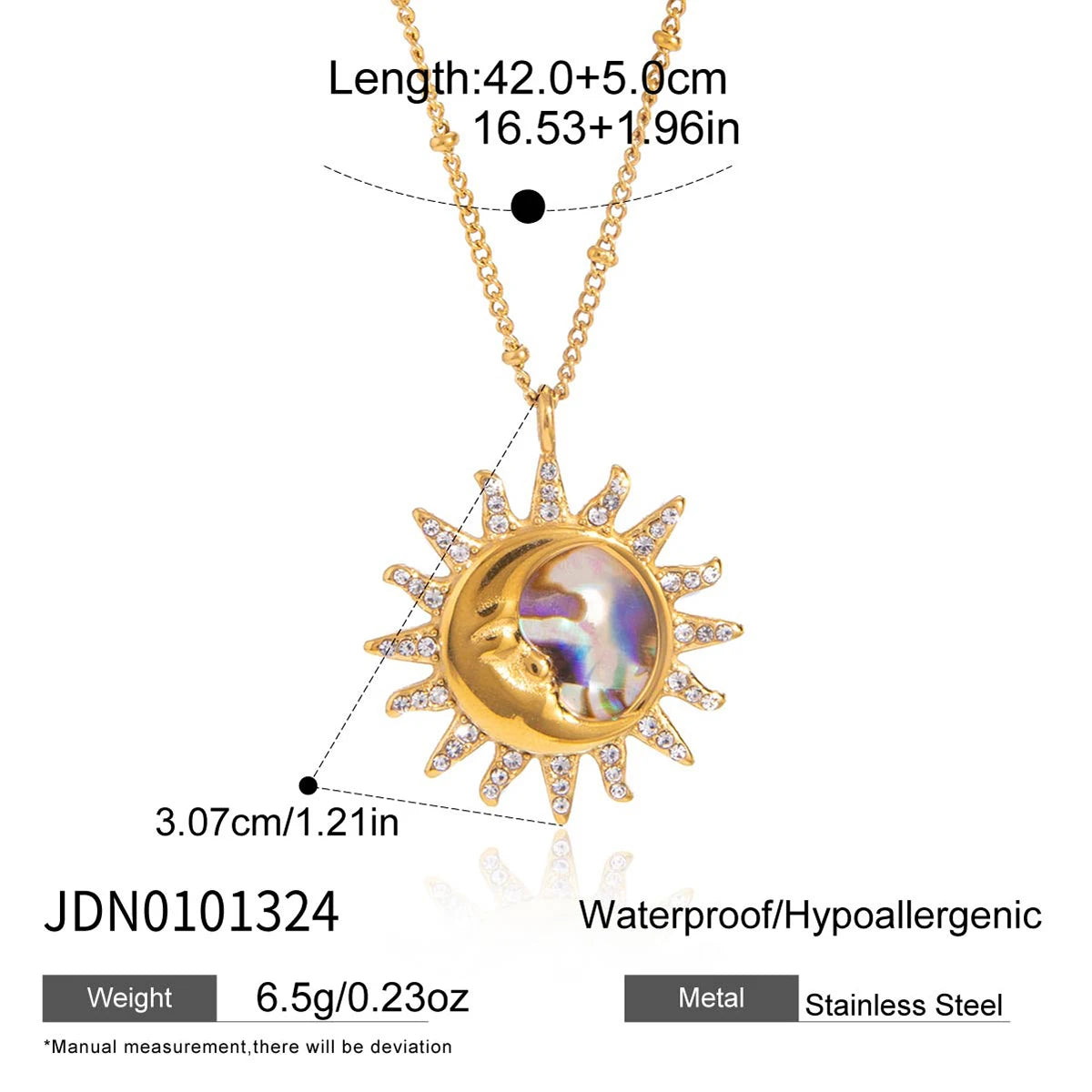 Kika Classic Moon Sun Pendant With White Rhineston Bead Chain Necklace