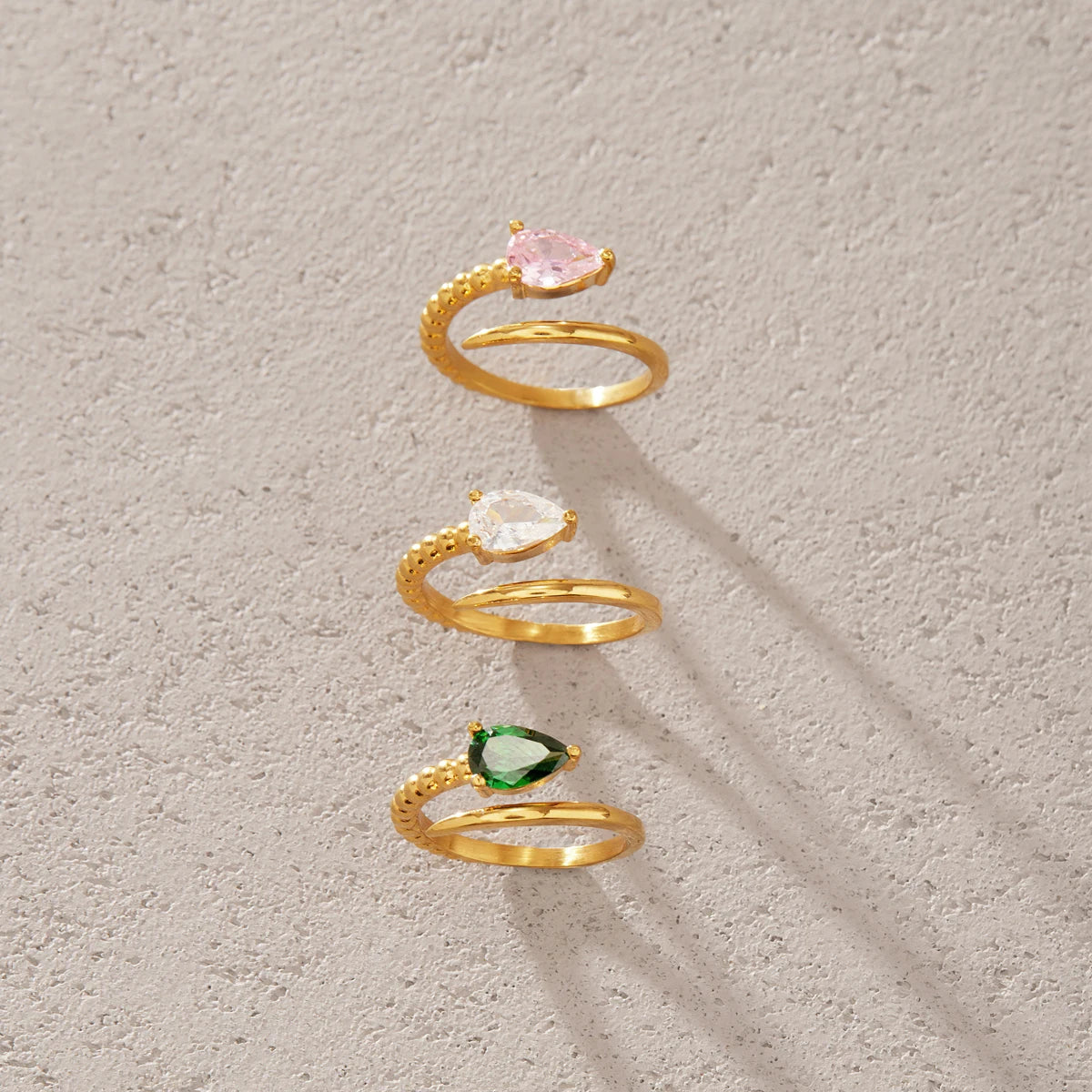 KIKA Water Drop Zircon Snake Shape Open Rings 18K Gold PVD Plated Stainless Steel 316L