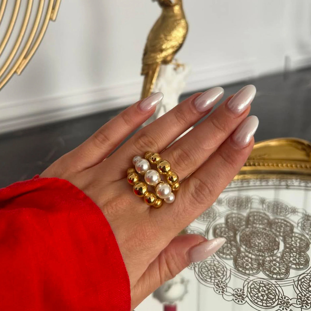 Kika Stacking Pearl Ring For Women-18K Gold Color Plated Large Statement Ring