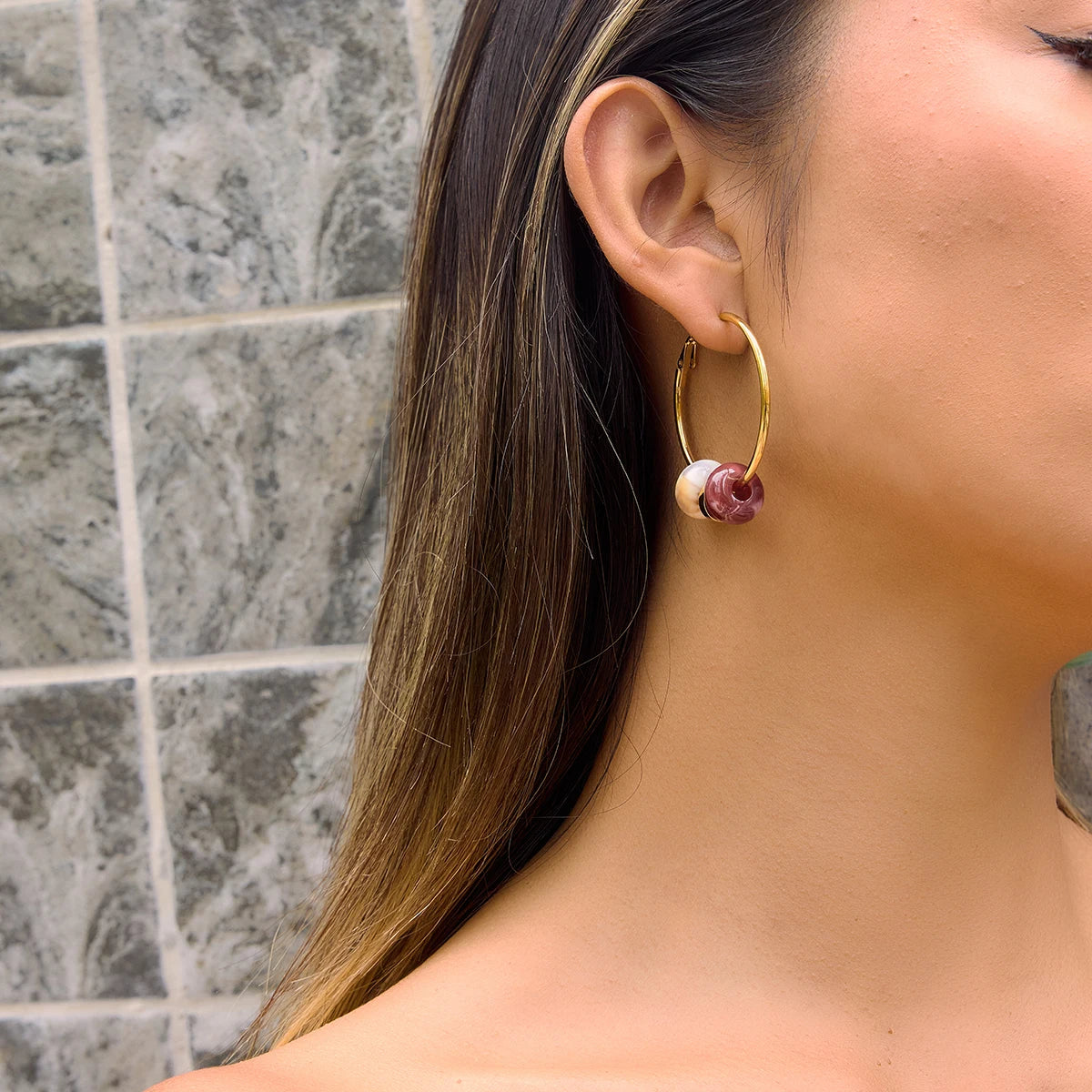 KIKA Delicate Red Blue Spliced White Resin Circle Earrings PVD Plated Stainless Steel 316L