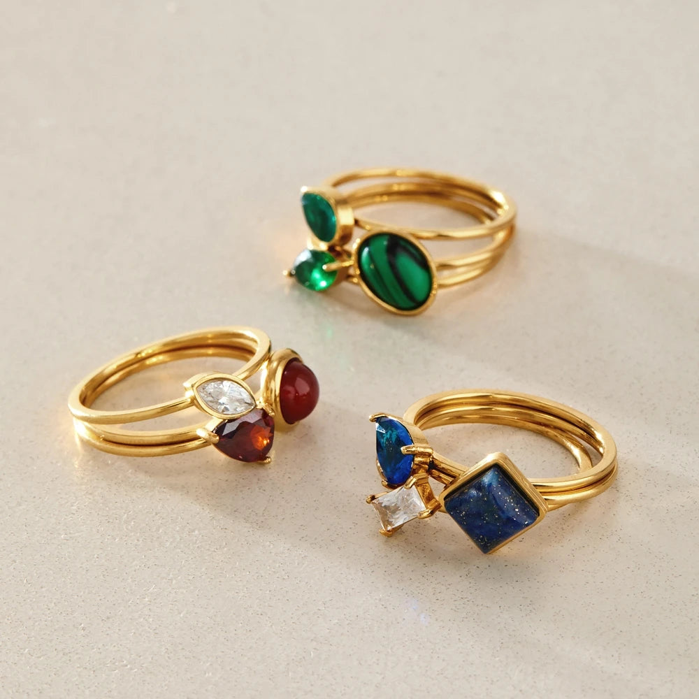 KIKA Elegant Zircon Natural Stone Rings For Women Multilayer 18K Gold PVD Plated Stainless Steel Open Rings Fashion Jewelry